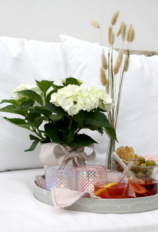 Tischdeko Sommer rosa: Tablett mit Snacks auf weißer Couch